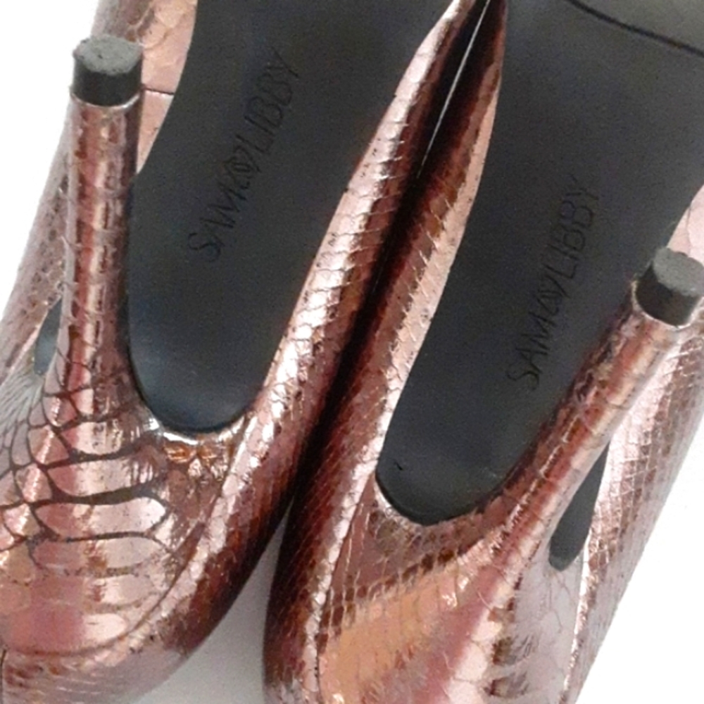 Sam & Libby Metallic Bronze Python Print Pointed … - image 7